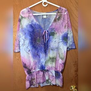 Dots Floral Sheer V-Neck Top in Purple, White & Pink.  Sz Large